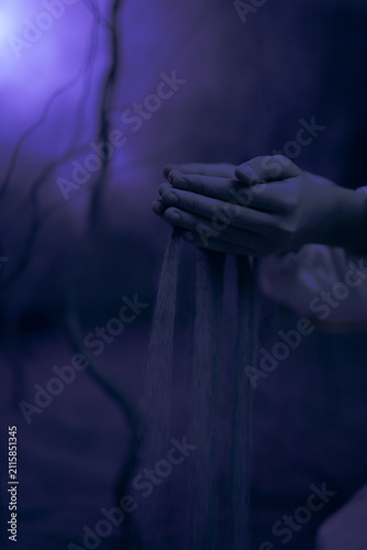 Dry pampas grass and tree branches in orange and blue cinematic glowing light with smoke art background