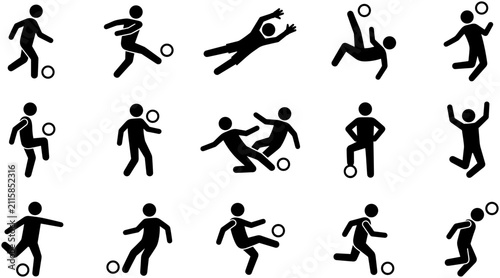 Canvas Print Set of black stick figure icons showing various soccer player actions and poses