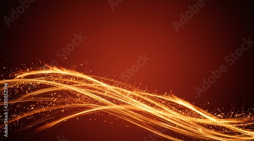 Abstract golden light waves with sparkling particles on elegant dark red background for premium design