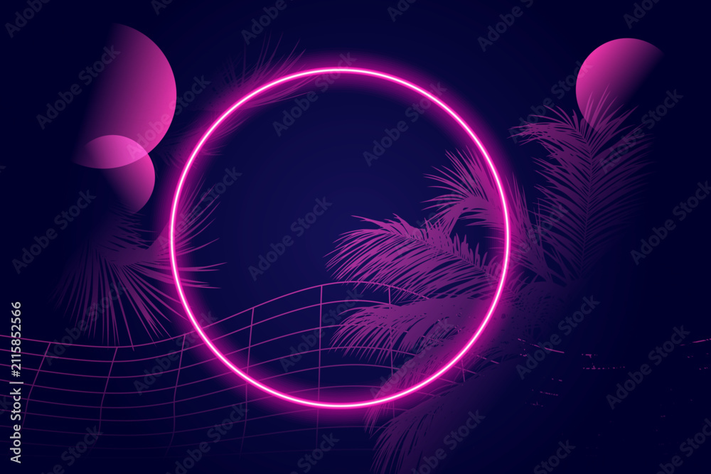 Obraz premium Glowing neon pink circle frame with tropical palm leaves and grid pattern on dark background, retro synthwave design template. Summer party banner template with tropic leaves and glow circle frame.