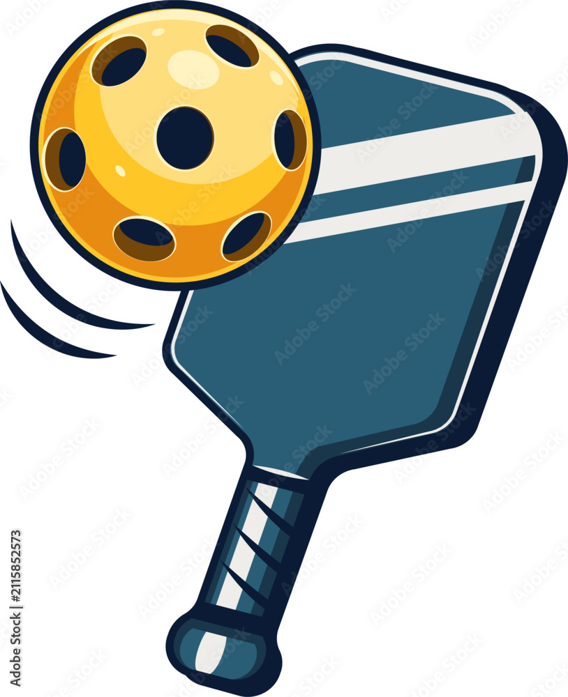 Fototapeta premium Vibrant illustration of a pickleball paddle striking a perforated ball. Ideal for sports, recreation, or pickleball themed design projects.