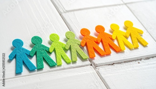 A line of colorful, felt, human figures, representing diversity