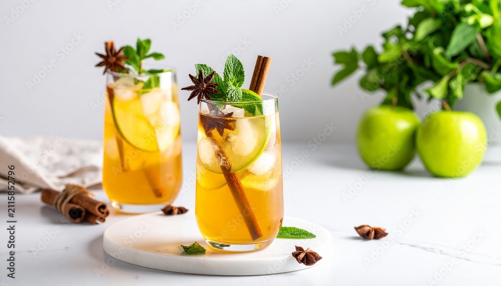 Fototapeta premium Two refreshing glasses of cold apple cider cocktail garnished with star anise cinnamon sticks and fresh mint leaves on a white background.