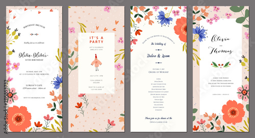 Floral templates 4x9. Greeting cards with decorative flowers, floral frames and backgrounds with copy space. For Mother’s Day, Women’s Day, Birthday, Menu, Wedding, Baby invitations.