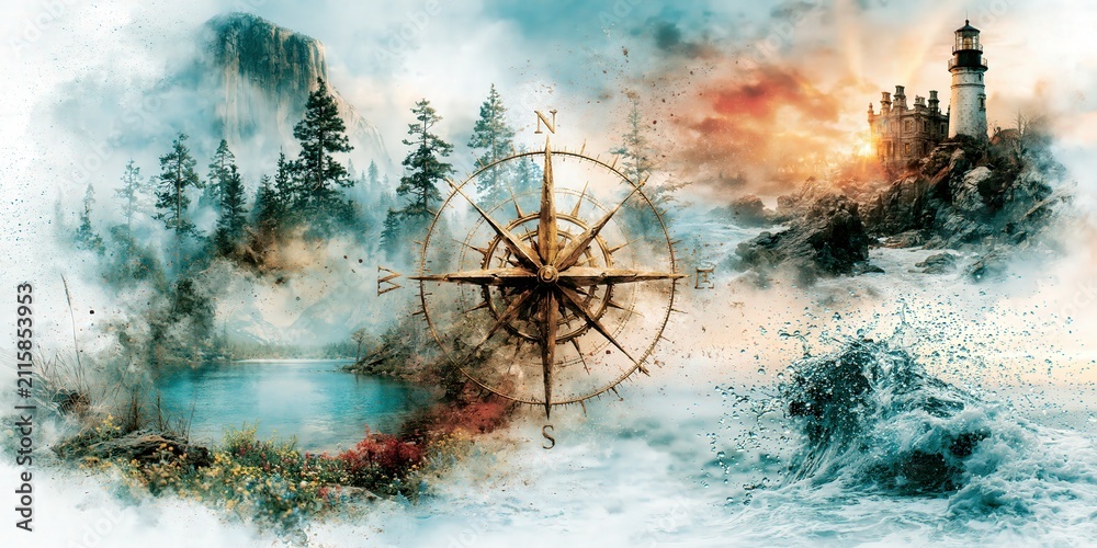 Fototapeta premium Golden vintage compass guiding immersive exploration through contrasting wild landscapes and stormy oceans