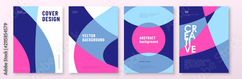 Abstract cover design templates with geometric shapes. Modern minimal vector background set featuring vibrant pink and blue fluid curves for posters, flyers, brochures