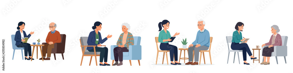 Obraz premium Vector illustration set of social workers providing professional counseling and support to elderly people, isolated on white background.