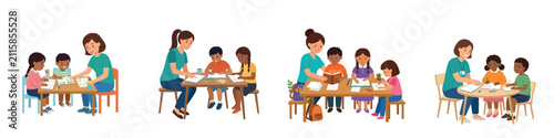 Vector illustration set of diverse children and teachers studying together in classroom settings isolated on white background.