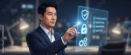 A skilled asian businessman engaging with an advanced digital interface displaying cybersecurity functionalities in a contemporary office environment during nighttime.