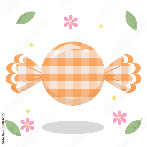 Cute Orange Pastel Gingham Candy with Flower and Leaf Vector