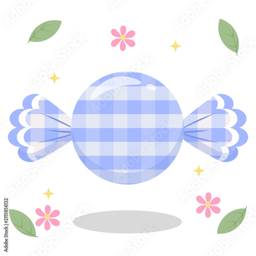 Cute Periwinkle Blue Gingham Candy with Flower and Leaf Vector