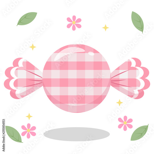 Cute Pink Pastel Gingham Candy with Flower and Leaf Decoration