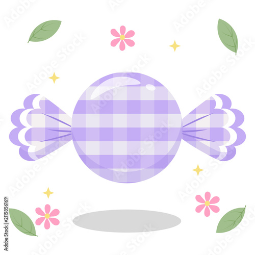 Cute Purple Pastel Gingham Candy with Flower and Leaf Decoration