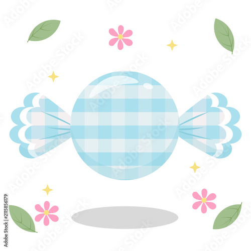 Cute Sky Blue Gingham Candy with Flower and Leaf Decoration