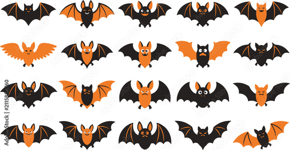 Fototapeta premium Collection of decorative black and orange bat icons for halloween party design and holiday seasonal greeting cards