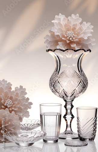 Elegant Crystal Vase with Flowers and Glassware Display