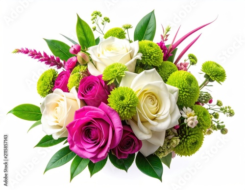 Vibrant bouquet of white and pink roses, green blooms, and foliage