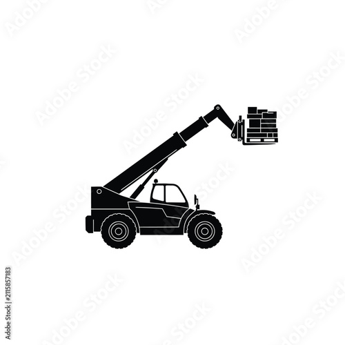 Photography Telescopic handler lifting pallet of bricks black silhouette on a white backgrou
