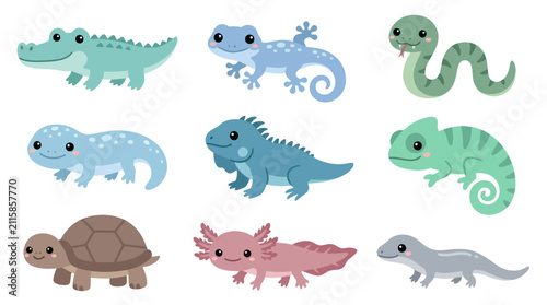 Foto Collection of cute reptile and amphibian characters
