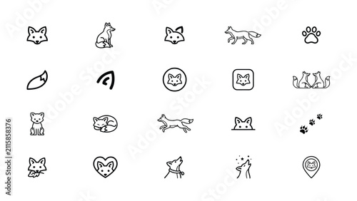 Collection of minimalist fox and paw animal icons with transparent backgrounds for various design projects