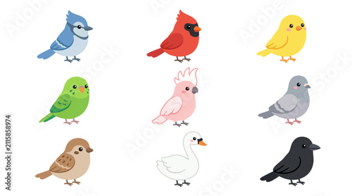 Collection of various cute cartoon birds