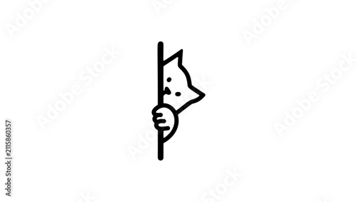 A cat peeks out from behind a wall. Black isolated vector silhouette