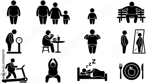 Set of obesity and unhealthy lifestyle icons showing fat people activities.