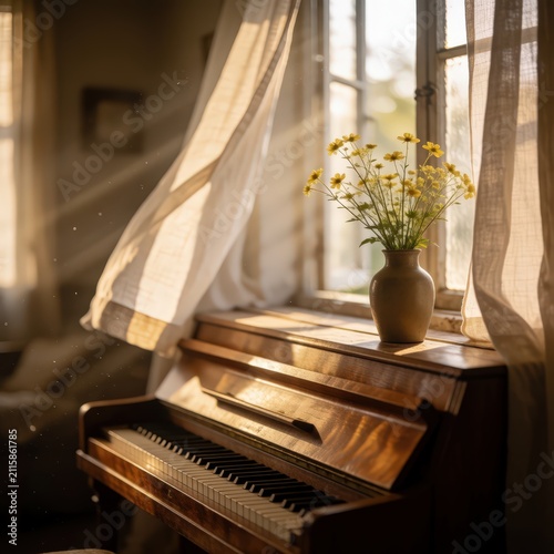 Vintage piano with yellow flowers in a vase by a sunlit window with flowing curtains. Use: home decor, lifestyle blog, nostalgic advertisement.