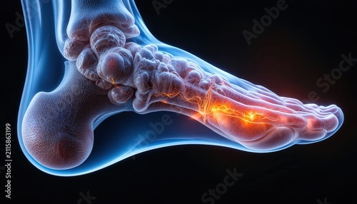 Human foot anatomy showing gout inflammation. Medical 3D render of painful joint arthritis.
