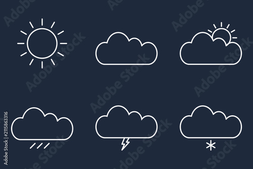 Modern dark mode weather icons collection. White outline sun, cloud, rain and storm shapes on dark grey background. Minimalist linear climate forecast vector