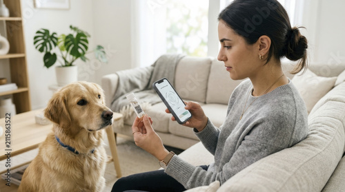 Pet owner performing at-home gut microbiome test on her Golden Retriever, scanning the sample vial with a smartphone for dog health analysis.