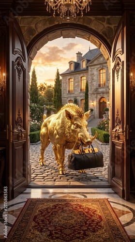 Surreal concept of a shiny metallic golden boar delivering bag with gold ingots to a grand estate.