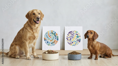 Happy dogs with artistic pet gut microbiome illustrations and balanced food bowls.