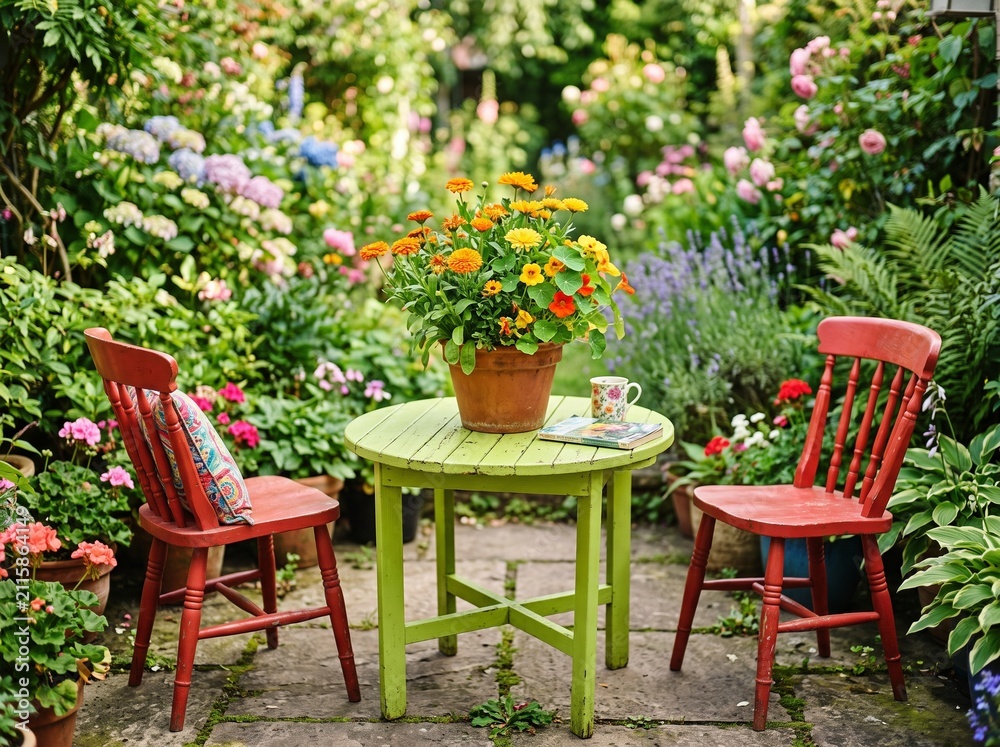 Fototapeta premium A round green wooden table and two red chairs set on a stone patio in a lush cottage garden