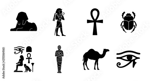 Konstfotografi Ancient Egyptian Icons Set: Sphinx, Pharaoh, Ankh, Scarab, Eye of Horus, Mummy,