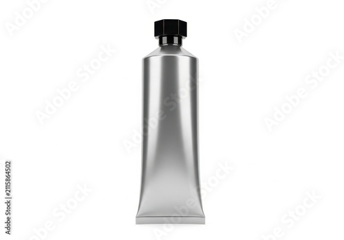 Blank silver aluminum squeeze tube with black cap on white background