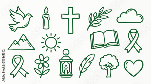 A collection of hand-drawn green outline icons depicting various religious, spiritual, and nature-related symbols.