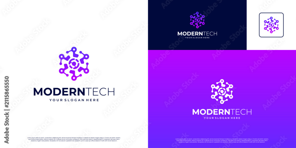 Fototapeta premium Circular abstract logo, with future technology concept, molecular shape symbol, network connection, vector graphic template.