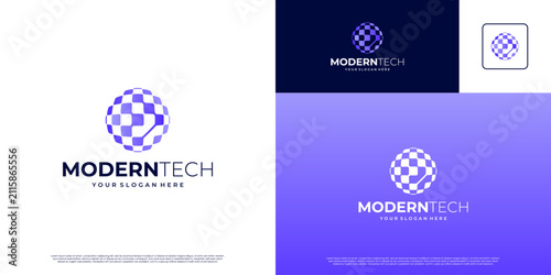 Modern technology logo, with abstract circular shape, global, vector design template.