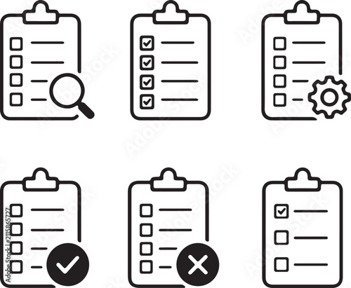Checklist Icons With Magnifying Glass Checkmarks And Settings Black Line Art