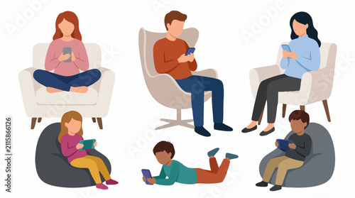 Принти на полотні Adults and children using digital devices and gadgets illustration