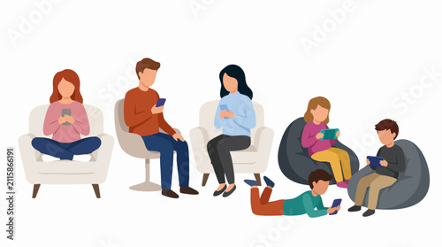 фотографія Family members of different ages absorbed in their digital devices