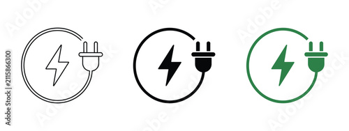 Electric car charging icon set, plug, cable, lightning bolt, charging station, green energy, electric vehicle power, vector illustration.