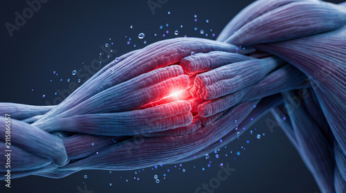 Human bicep muscle fibers with inflammation. Anatomy illustration of torn muscle tissue.