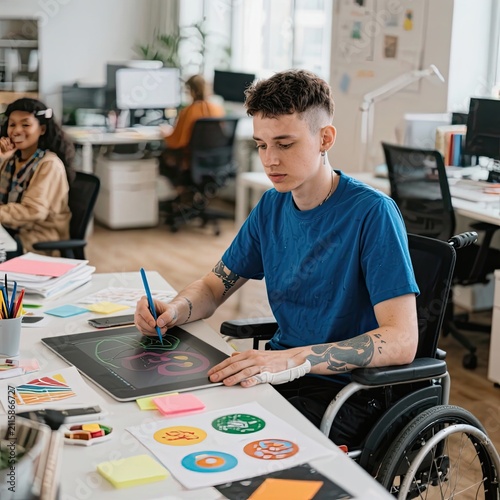 Creative graphic designer in wheelchair with hand splints using digital tablet in modern open office.