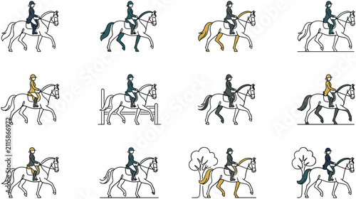 Fotografie Collection of hand drawn equestrian sport icons featuring horses and riders