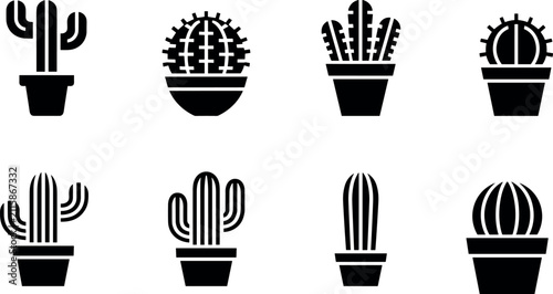 Potted cactus silhouette icons set for desert plant and home decor vector design