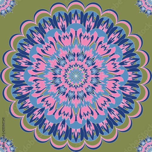 Intricate floral mandala pattern featuring layered blue and pink petals on an olive green background. Perfect for textiles, wallpaper, apparel, packaging, stationery, and home décor.