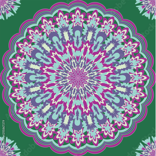 Elegant floral mandala pattern with layered petals in purple, mint, and white on a green background. Ideal for fabric, wallpaper, wrapping paper, home décor, stationery, and digital prints.