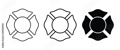 Firefighter Maltese Cross icon set, St. Florian fire department badge, emergency rescue emblem, fire service symbol, outline and silhouette, vector illustration.